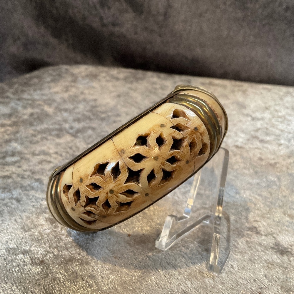 Vintage Carved Bone and Brass Hinged Bangle Bracelet from India